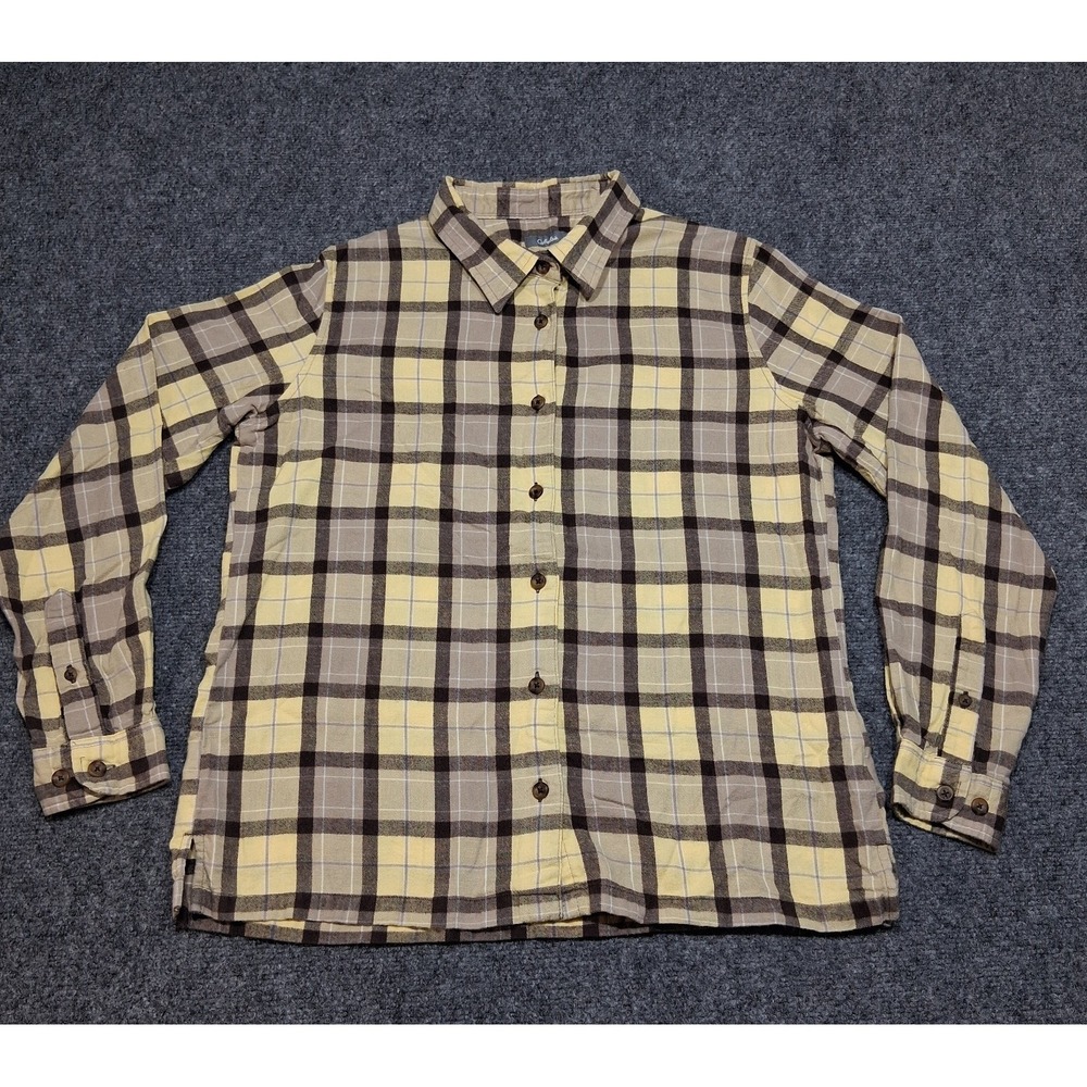 Cabela's Mens Shirt Button Up Brown And Yellow Flannel‎ Plaid Long Sleeve Medium
